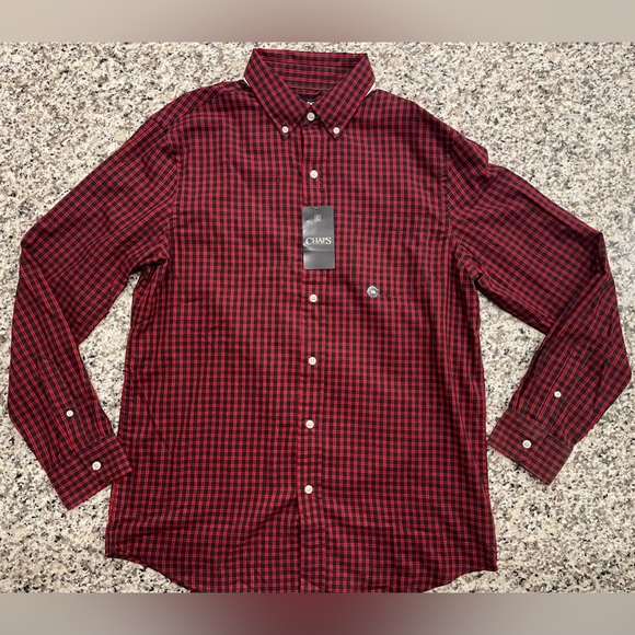 Chaps Men’s Long Sleeve Collared Button Down (Lead Table) Red/Black Size Medium - Picture 2 of 11
